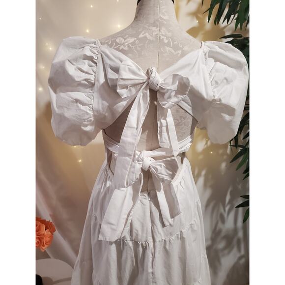 Bardot Tiered Puff Sleeve Open Bow Tie Back Midi Dress Size 6 Small White Cotton - Picture 6 of 11